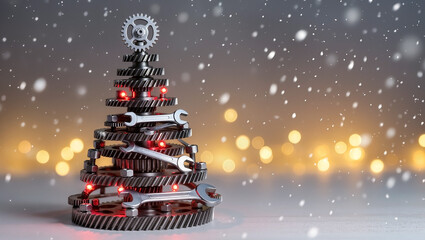 Industrial christmas tree with gears and wrenches for a festive holiday celebration in winter sparkle