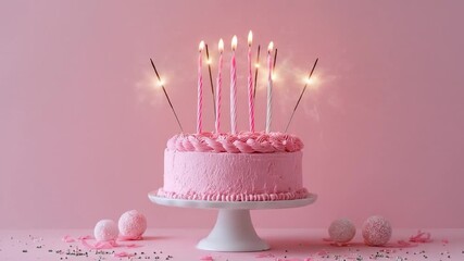 A beautifully decorated pink birthday cake with lit candles on top, placed on a white cake stand against a soft pink background, creating a festive atmosphere for celebrations