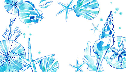 夏の海をイメージした貝殻のフレームデザイン。涼しげな貝殻の水彩イラスト。