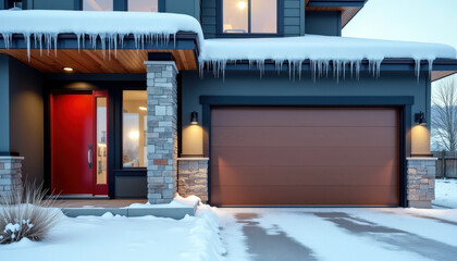 Snow-covered modern house exterior with red door and garage in winter season
