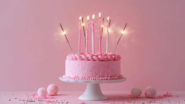A beautifully decorated pink birthday cake with lit candles on top, placed on a white cake stand against a soft pink background, creating a festive atmosphere for celebrations