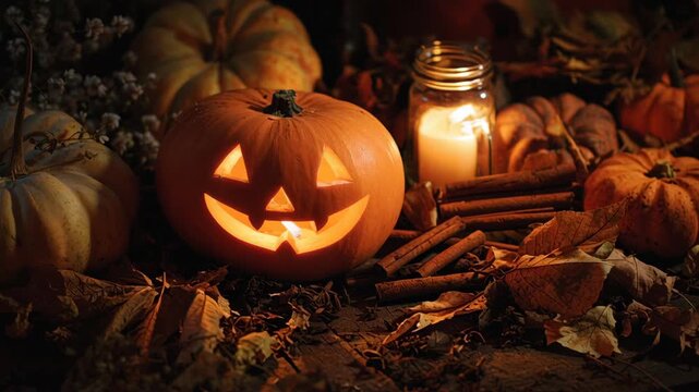 Jack o lantern flatlay, close-up flatlay of a glowing jack-o&rsquo;-lantern surrounded by pumpkins, dry leaves, and cinnamon sticks, warm tone lighting