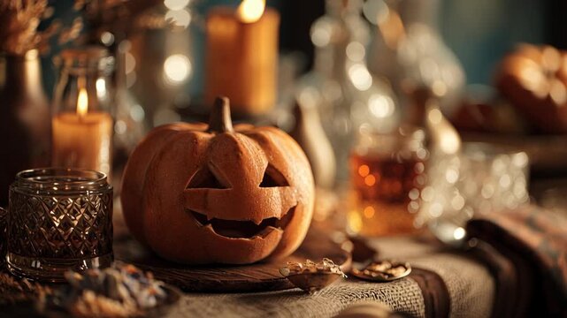 Jack o lantern flatlay, close-up flatlay of jack-o&rsquo;-lantern with rustic table setup, warm tones, candlelight reflections, cinematic realism