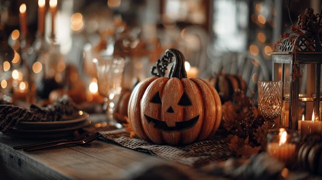 Jack o lantern flatlay, close-up flatlay of jack-o&rsquo;-lantern with rustic table setup, warm tones, candlelight reflections, cinematic realism