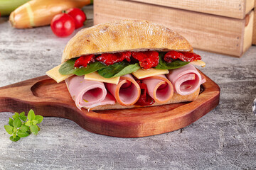 Ciabatta with mortadella, tomato, cheese and spinach