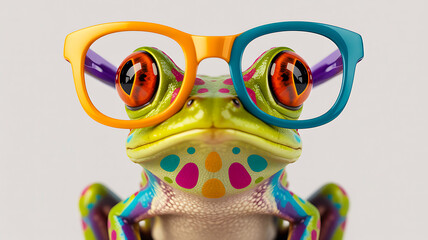 Colorful frog wearing bright glasses with creative artistic design
