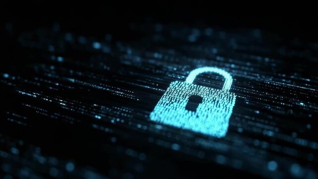A glowing blue padlock on a dark digital background, symbolizing cybersecurity and data encryption.