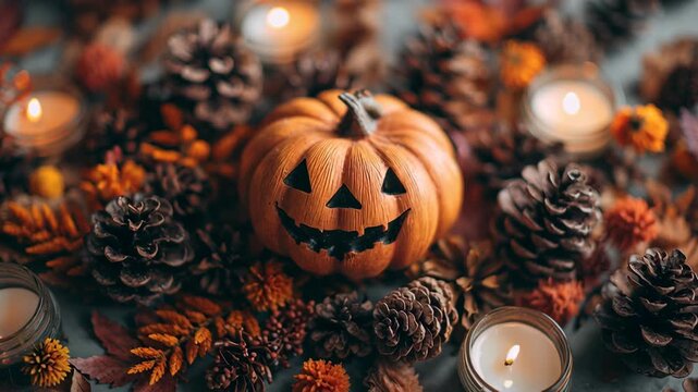 Jack o lantern flatlay, close-up flatlay of jack-o&rsquo;-lantern with tea light candles, pinecones, and fall foliage, cinematic top view