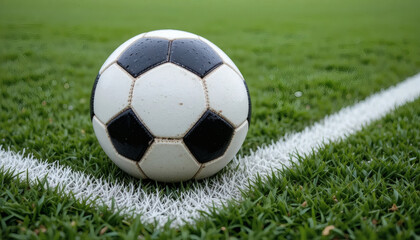 Classic soccer ball resting on vibrant green field, ready for kickoff, evoking the spirit of competition and teamwork, perfect for sports themes