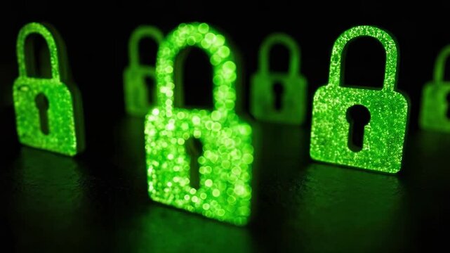 Glowing green padlocks symbolize cybersecurity and data encryption.