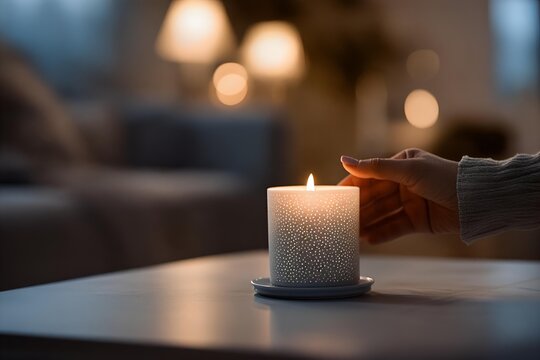 person lighting festive candle on modern living room table with warm ambient light
