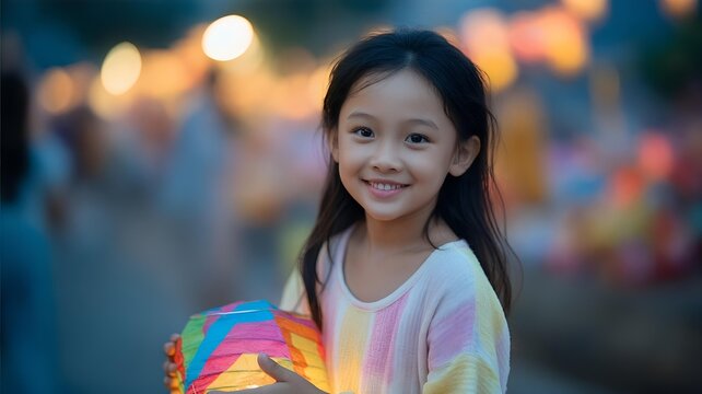 smiling child holding colorful paper lantern at twilight parade.