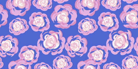 Colorful seamless vector floral pattern with hand drawn abstract roses in pink tones on a blue background. Perfect for textiles, wallpapers, packaging, romantic themed designs.