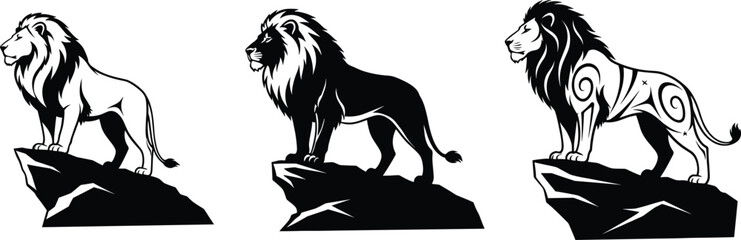 Majestic lion silhouette vector illustration standing on rock, powerful wild animal king of jungle artwork for logo and tattoo design
