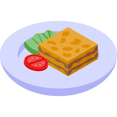 Layered square sandwich with lettuce and tomato slice on a light purple plate isometric view isolated on white background clean simple food icon graphic design element
