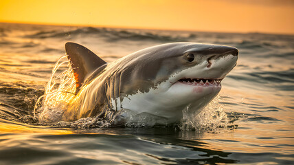 Great white shark emerging from ocean water during golden sunset
