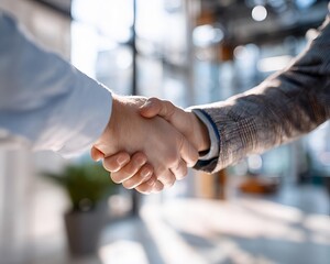 business handshake between diverse professionals in modern office lobby with natural daylight