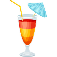 Layered Tropical Cocktail with Yellow Straw and Blue Paper Umbrella in a Clear Glass on a Transparent Background