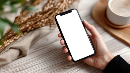 Smartphone in Hand on Wooden Table with Coffee