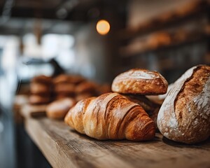 close-up of artisan bread and croissants on wooden counter in warm morning light. bakery background