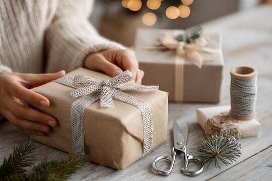 close-up of hands wrapping christmas gifts with kraft paper and ribbons in soft natural light