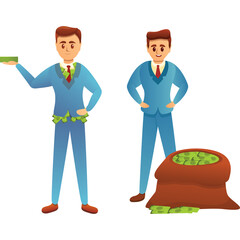 Two businessmen in blue suits one holding cash the other standing beside a money bag filled with green bills and dollar signs on transparent background