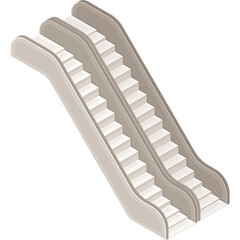 Two beige escalators with beige handrails and white steps shown from a side isometric perspective on a transparent background