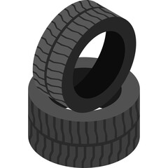 Two Black Rubber Tires Stacked Against a Transparent Background in an Isometric View Illustrating Automotive Parts and Transportation Industry Concepts