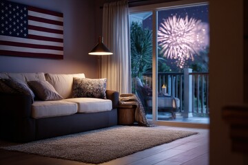 Cozy Living Room with Fireworks View and American Flag