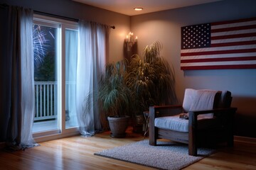 Cozy Living Room with American Flag and Fireplace