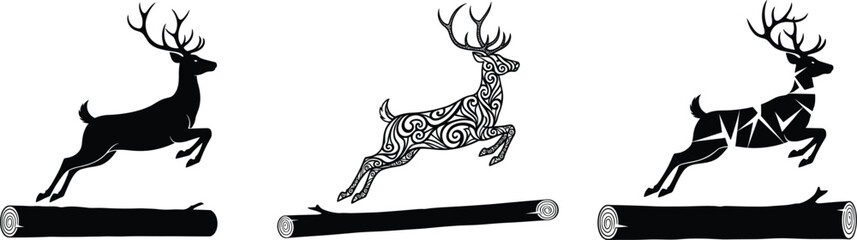 Jumping deer silhouette vector illustration with tribal geometric design, wild forest animal artwork for hunting, nature decoration and logo