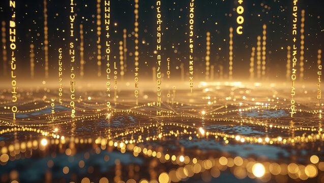 Matrix rain style golden alphanumeric data stream and circuit board landscape.
