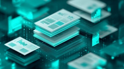 Stacked digital reports and data sheets representing information management and analytics