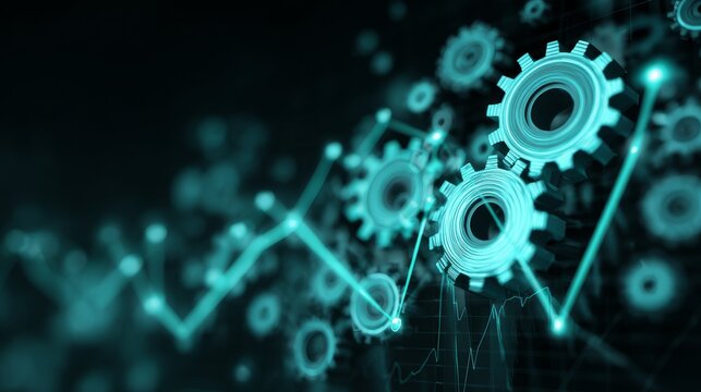 Digital gears and line graphs symbolizing industrial innovation and data-driven growth