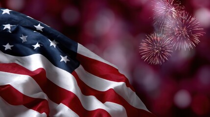 Celebrating American Independence with Fireworks and Flag