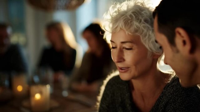 An elderly woman with short gray hair sits at a candlelit table in a warm restaurant, with blurred diners in the background.