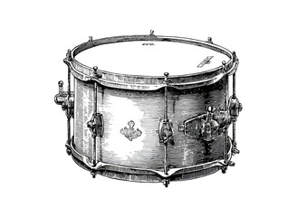 Vintage black and white illustration of a snare drum, a percussion musical instrument.