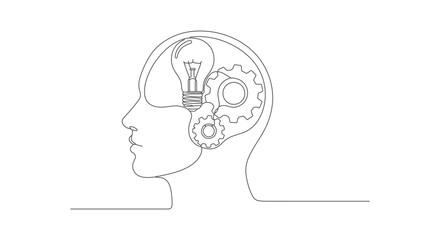 Continuous one line drawing of a human head profile with internal gears and a lightbulb, representing creative thinking and new ideas