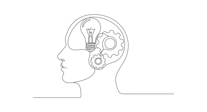 Continuous one line drawing of a human head profile with internal gears and a lightbulb, representing creative thinking and new ideas