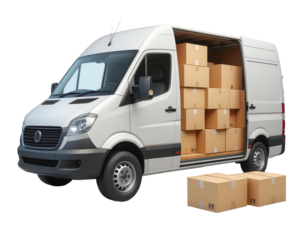 White delivery van full of cardboard boxes parked, Isolated on transparent or white backgrounds
