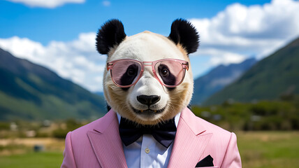 Funny panda wearing pink suit and sunglasses in mountain landscape
