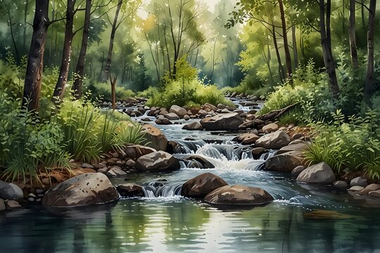 A small babbling brook flows gently through a dense forest. Sunlight filters through the tall trees, illuminating the clear water and lush greenery around it.