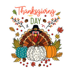 Illustration of hand drawn thanksgiving turkey pumpkins isolated on transparent background