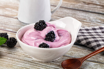 Organic tasty dairy yoghurt with blackberry