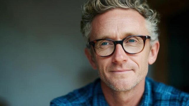 Close-up portrait of a middle-aged man with gray hair, black-rimmed glasses, and a blue plaid shirt, looking at the camera.