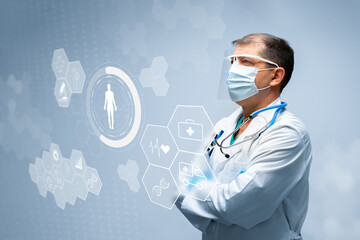 Medical professional examining health data and technology in a modern healthcare setting