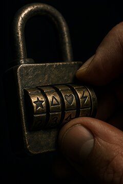 Hand solving a puzzle on a vintage combination lock with cryptic symbols.