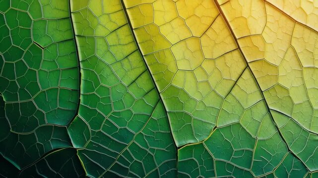 A green leaf with yellow spots. The leaf is torn and has a jagged edge. The green and yellow colors are very bright. A textured leaf surface with jagged edges and a mix of colors