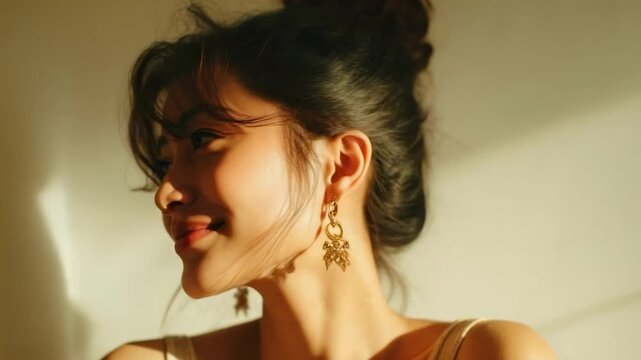 A woman with a loose bun and gold drop earrings smiles softly in warm sunlight, looking off to the side.