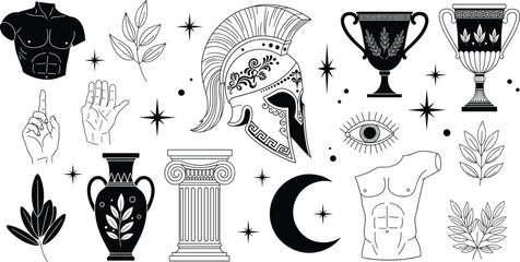 Ancient Greek vector elements, classical art symbols, mythology illustration, Corinthian helmet, Ionic column, amphora vase, hand gestures, eye motif